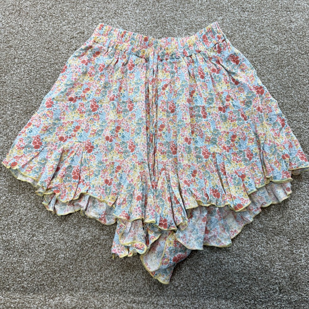 Amable Women Multicolor Floral Ruffle Hem Rayon Shorts Small Boho Skort Festival